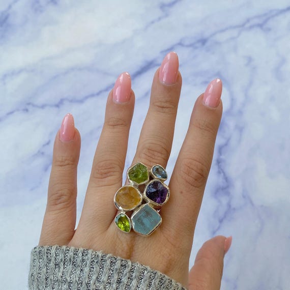 Bague Argent Massif Pierre Multicolore - Taille 8,25 - Occasion - Femme