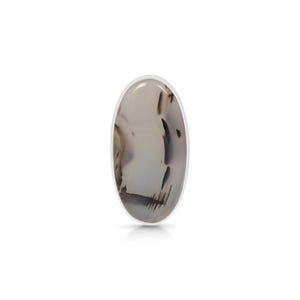 May include: A silver ring with a white oval agate stone featuring brown and gray patterns.