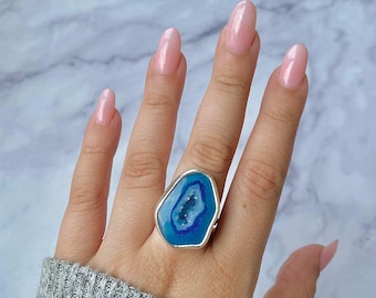 Blue Agate Adjustable Ring / 925 Sterling Silver / Healing Gemstone / Gifts for her / Fancy Rough / Blue Agate  Statement Ring / ABU-R-21.