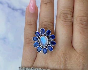 Moonstone / Kyanite Adjustable Ring / 925 Sterling Silver Ring / Healing Gemstone / Gifts for her / Oval Cab / Statement Moonstone Rings