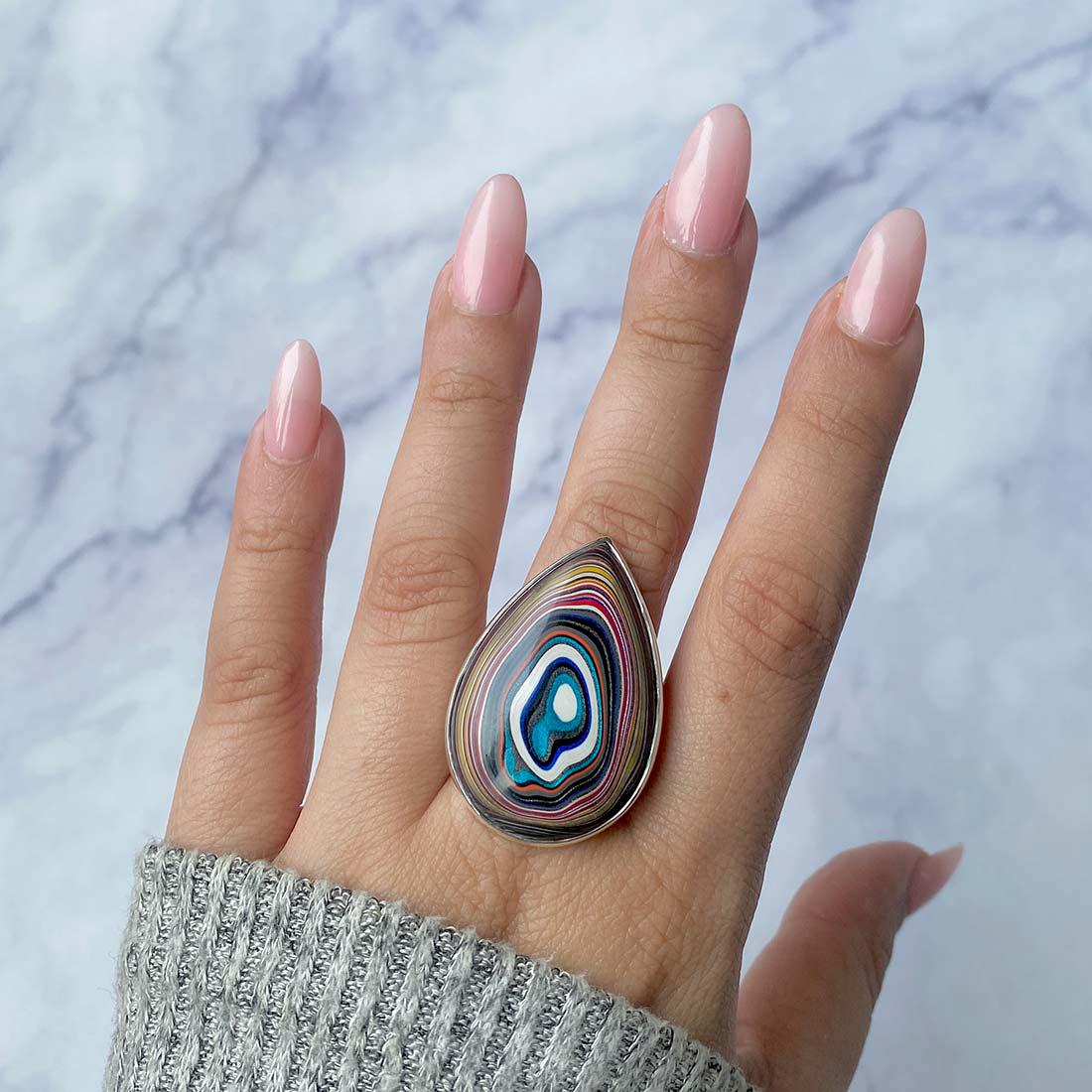 Fordite Adjustable Ring / 925 Sterling Silver Ring / Healing Gemstone / Gifts for her / Pear Cab / Fordite Jewellry / Statement Fordite Ring
