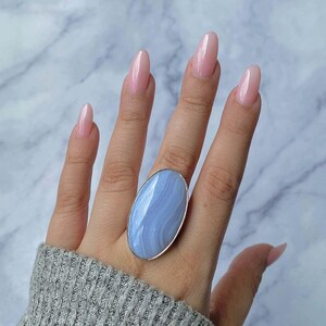 Blue Lace Agate Adjustable Ring / 925 Sterling Silver Ring / Healing Gemstone / Gifts for her / Oval Cab / Statement Blue Lace Agate Rings