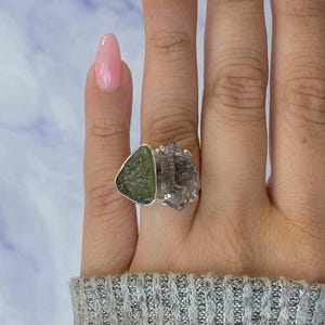 Moldavit, Herkimerdiamant Ring verstellbar / 925 Sterling Silber Ring / Heilstein / Geschenke für Sie / Moldavit Ringe