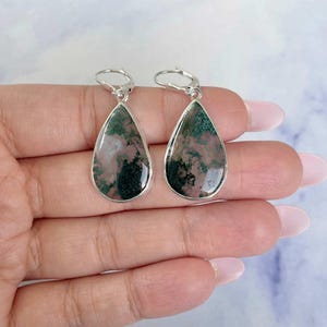 Moos Achat Ohrring / 925 Sterling Silber Ohrring / Heilstein / Moos Achat Schmuck / Geschenke für Sie / Pear Cab / Moos Achat Ohrringe