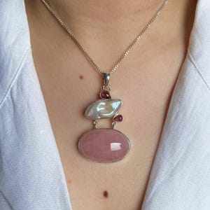 Rose Quartz, Biwa Pearl, Tourmaline Pendant / 925 Sterling Silver Pendant / Healing Gemstone / Oval Cab / Statement Rose Quartz Pendants