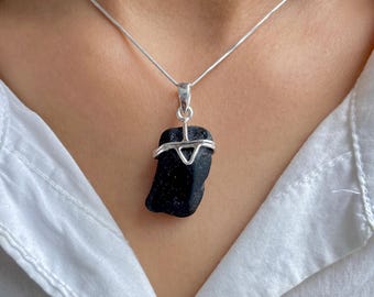 Tektite Pendant Necklace / 925 Sterling Silver / Healing Gemstone / Gift for her / Fancy Rough / Natural Tektite Jewelry / Statement Pendant