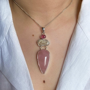 Rose Quartz, Biwa Pearl, Tourmaline Pendant / 925 Sterling Silver Pendant / Healing Gemstone / Pear Cab / Statement Rose Quartz Pendants