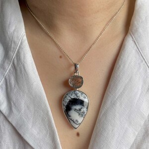 Dendritic Agate, Black Rutile Pendant / 925 Sterling Silver Pendant / Healing Gemstone / Gifts for her / Statement Dendritic Agate Pendants