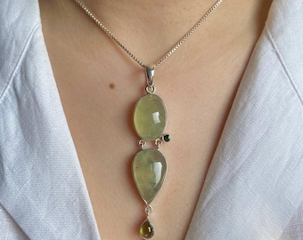 Prehnite, Tourmaline Pendant / 925 Sterling Silver / Healing Gemstone / Prehnite Jewelry / Gifts for her / Statement Pendant PRN-P-46.