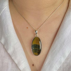 Blue Tiger Eye Pendant / Sterling Silver Pendant / Healing Gemstone / Gifts for her / Oval Cab / Statement Blue Tiger Eye Pendant