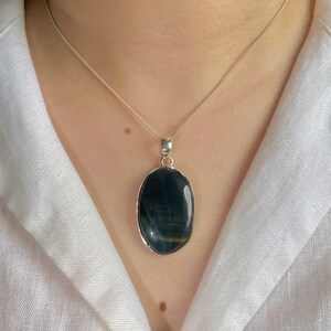 Blue Tiger Eye Pendant / 925 Sterling Silver Pendant / Healing Gemstone / Gifts for her / Oval Cab / Statement Blue Tiger Eye Pendants