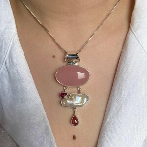Rose Quartz, Biwa Pearl, Tourmaline Pendant / 925 Sterling Silver Pendant / Healing Gemstone / Oval Cab / Statement Rose Quartz Pendants