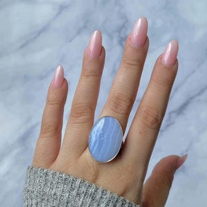 Blue Lace Agate Adjustable Ring / 925 Sterling Silver Ring / Healing Gemstone / Gifts for her / Oval Cab / Statement Blue Lace Agate Rings