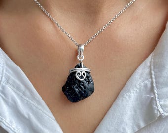 Tektite Pendant Necklace / 925 Sterling Silver / Healing Gemstone / Gift for her / Fancy Rough / Natural Tektite Jewelry / Statement Pendant