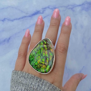 RARE 97 CARATS Ammolite Ring / 925 Sterling Silver Ring/ Healing Gemstone/ Gifts for her/ Large Ammolite / Natural Ammolite Adjustable Ring