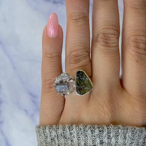 Moldavite, Herkimerdiamond Adjustable Ring / 925 Sterling Silver Ring / Healing Gemstone / Gifts for her / Fancy / Statement Moldavite Rings