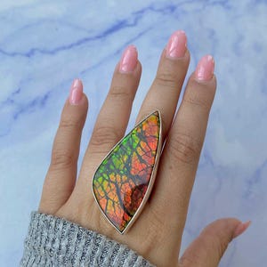 RARE 82 CARATS Ammolite Ring / 925 Sterling Silver Ring/ Healing Gemstone/ Gifts for her/ Large Ammolite / Natural Ammolite Adjustable Ring