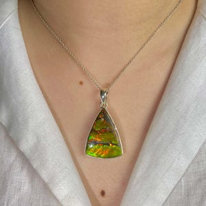 Ammolite Pendant / 925 Sterling Silver Pendant / Healing Gemstone / Gifts for her / Trillion Cab / Ammolite / Statement Ammolite Pendants