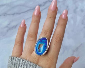 Blue Agate Adjustable Ring / 925 Sterling Silver / Healing Gemstone / Gifts for her / Fancy Rough / Blue Agate  Statement Ring / ABU-R-22.