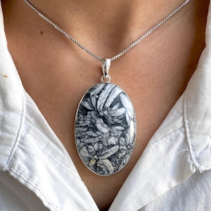 May include: Oval pendant necklace with a silver chain. The pendant features a black and white stone with a unique pattern. The necklace is worn over a white collared shirt.
