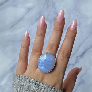 Blue Lace Agate Adjustable Ring / 925 Sterling Silver Ring / Healing Gemstone / Gifts for her / Oval Cab / Statement Blue Lace Agate Rings