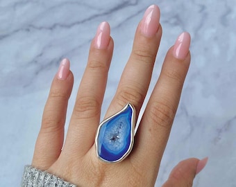 Blue Agate Adjustable Ring / 925 Sterling Silver / Healing Gemstone / Gifts for her / Fancy Rough / Blue Agate  Statement Ring / ABU-R-29.
