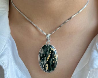 Collar con colgante de jaspe oceánico / Plata de ley 925 / Piedra preciosa curativa / Regalos para ella / Joyería de jaspe oceánico natural / Colgante llamativo