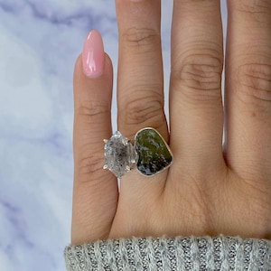 Moldavite, Herkimerdiamond Adjustable Ring / 925 Sterling Silver Ring / Healing Gemstone / Gifts for her / Fancy / Statement Moldavite Rings
