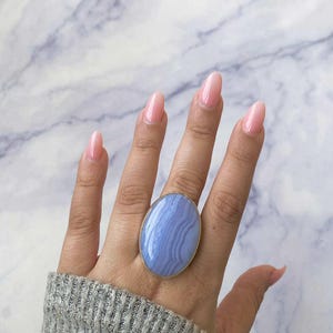 Blue Lace Agate Adjustable Ring / 925 Sterling Silver Ring / Healing Gemstone / Gifts for her / Oval Cab / Statement Blue Lace Agate Rings