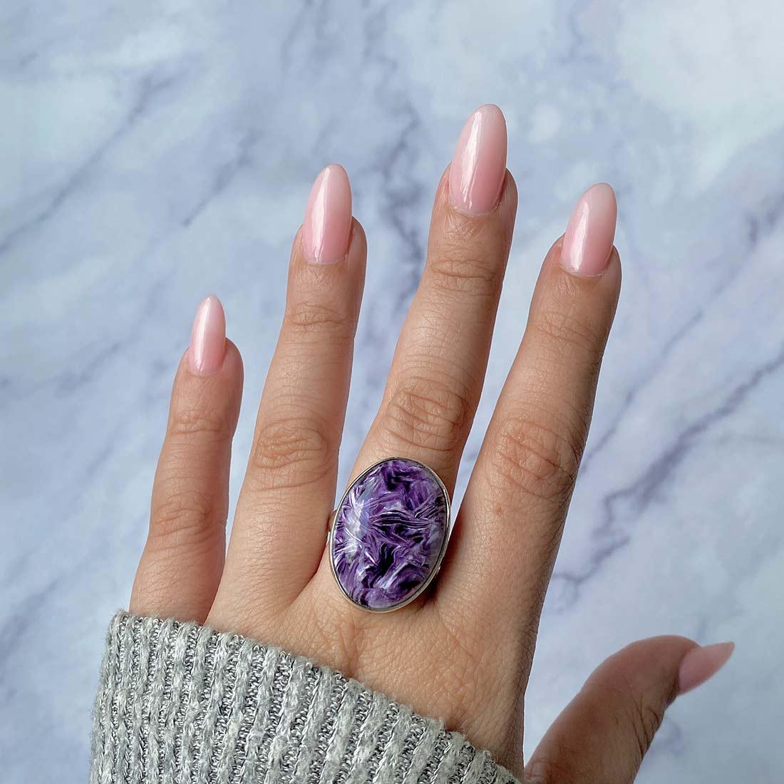 Charoite Adjustable Ring / 925 Sterling Silver Ring / Healing Gemstone / Gifts for her / Oval Cab / Charoite / Statement Charoite Rings