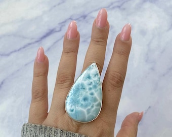 Larimar Adjustable Ring / 925 Sterling Silver Ring / Healing Gemstone / Gifts for her / Pear Cab / Larimar Jewelry / Statement Larimar Rings