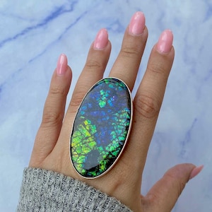 RARE 116 CARATS Ammolite Ring / 925 Sterling Silver Ring/ Healing Gemstone/ Gifts for her/ Large Ammolite / Natural Ammolite Adjustable Ring