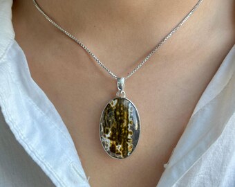 Collar con colgante de jaspe oceánico / Plata de ley 925 / Piedra preciosa curativa / Regalos para ella / Joyería de jaspe oceánico natural / Colgante llamativo