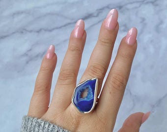 Blue Agate Adjustable Ring / 925 Sterling Silver / Healing Gemstone / Gifts for her / Fancy Rough / Blue Agate  Statement Ring / ABU-R-14.