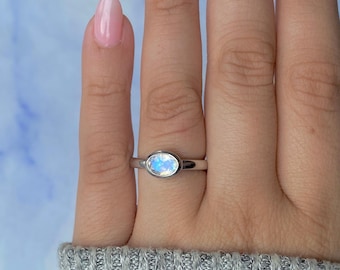 Moonstone Ring / 925 Sterling Silver / Rhodium vermeil / Healing Gemstone/ Promise Ring / Gift for her / Oval Cut / Dainty Ring RBM-SR-4026.
