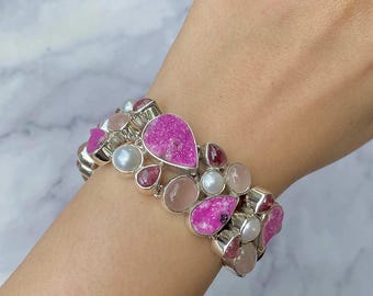 Cobalt Calcite, Rose Quartz, Pearl,Tourmaline Bracelet / 925 Sterling Silver / Healing Gemstone / Gift for her / Statement Bracelet CBC-B-1.