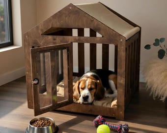 Jaula natural para perros con puerta, muebles para mascotas de interior, caseta de madera personalizada para cachorros, caseta para perros pequeños y grandes,