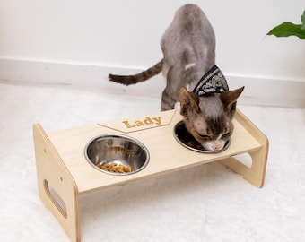 Comedero para mascotas grabado a medida, comedero elevado para cachorros, comedero de acero inoxidable para gatos, regalo único para dueños de mascotas, soporte moderno de madera para comedero de perro