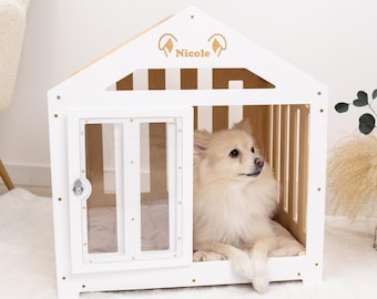 Jaula para perros de interior, cama para cachorros, caseta con puerta de acrílico, caseta personalizada con almohada, elegante mobiliario para perros.