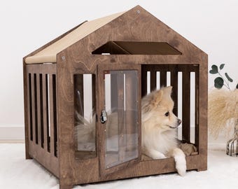Caseta de madera para perros, jaula personalizada para mascotas, caseta de interior con puerta, muebles elegantes para mascotas, casa moderna para perros