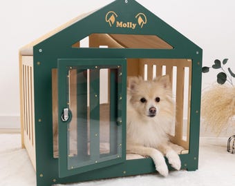 Caseta de madera personalizada para perros, caseta moderna con nombre, cama grande para perros, jaula personalizada para cachorros, muebles de madera para perros, regalo para dueños de perros