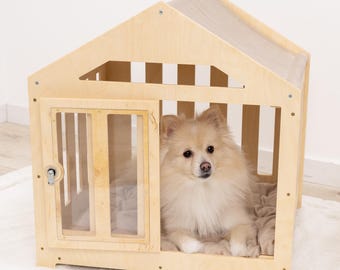 Caseta de madera moderna para perros, caseta personalizada para interiores, jaula con puerta de acrílico y cojín, muebles para mascotas, regalo para perros