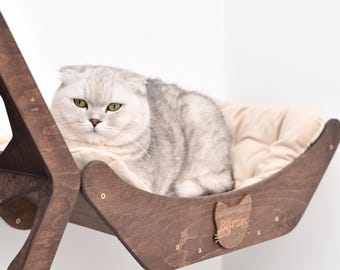 Modern Cat Wall Bed, Wooden Cat Bridge and Steps, Wall Mounted Pet Climbing System, Personalized Cat Shelves