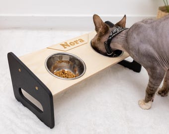 Comedero de madera personalizado para gatos - Soporte para comedero de perros - Cuenco de acero inoxidable para comida y agua, cuencos elevados de acero para mascotas