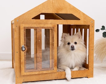 Caseta de madera de lujo para perros, caseta personalizada con nombre, muebles para mascotas y gatos, jaula moderna para interiores, cama de madera para perros con almohada