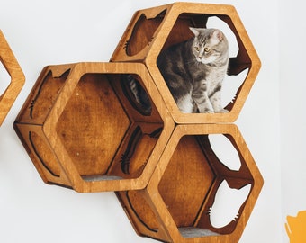 Cat Wall Lounge Furniture, Wood Furniture Playground, Cat Hexagon Shelves, Wall Mount Shelf with Cat Steps, Cat Climbing Wall Bed, Cat Gifts