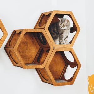 Cat Wall Lounge Furniture, Wood Furniture Playground, Cat Hexagon Shelves, Wall Mount Shelf with Cat Steps, Cat Climbing Wall Bed, Cat Gifts