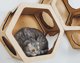 Wooden Cat Hexagon Shelves, Luxury Cat Furniture, Cat Wall Perch, Pet Gifts, Furniture for Cats, Cat Shelf for Wall Cat Playground Catsmode