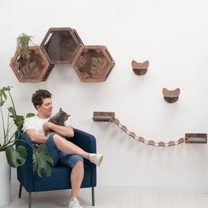 Cat Wall Furniture Full Set, Cat Wall Shelves, Cat Wall Bed, Cat Wall Bridge, Cat Wall Steps, Cat Hexagon, Wood Wall Shelves, Cat Lover Gift