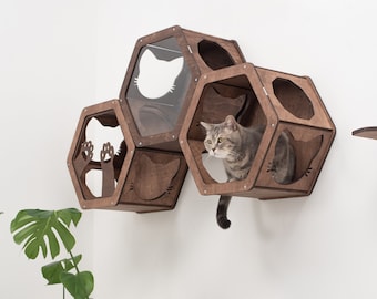 Cat Hexagons Shelves, Wood Wall Furniture Set, Cat Shelf, Play House for Cat, Kitten Climbing Wall Bed, Cat Owner Gift, Home Decor CatsMode